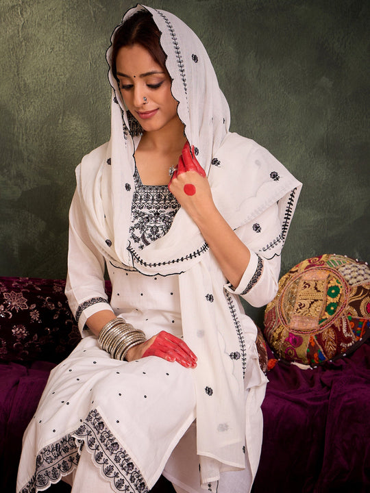 Indo Era White Embroidered Straight Kurta Trousers With Dupatta Set
