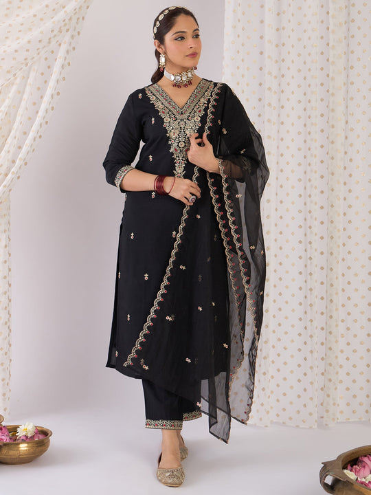 Indo Era Black Embroidered Straight Kurta Trousers With Dupatta