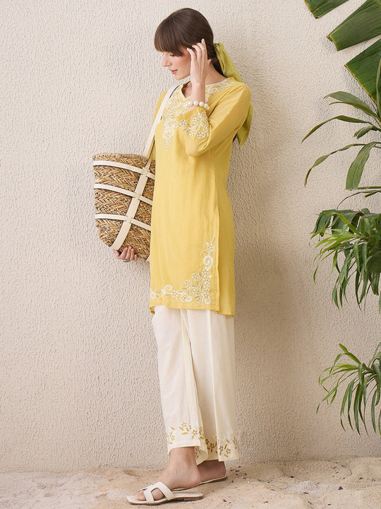 Indo Era Yellow Printed Straight Kurta Trousers  Set