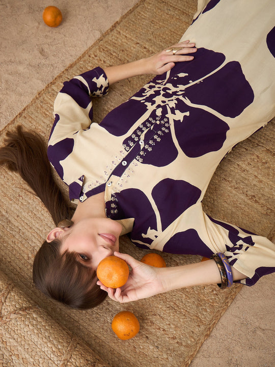 Indo Era Off White Printed Straight Kurta Trousers  Set