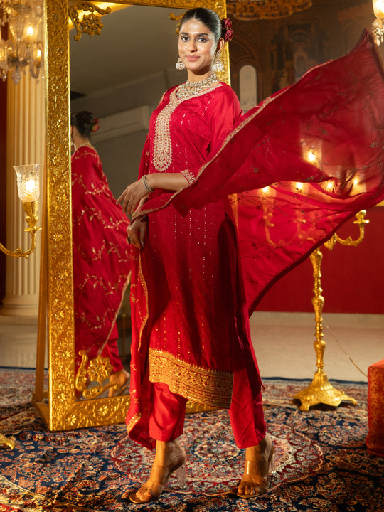 Pink Embroidered Straight Kurta Trousers With Dupatta