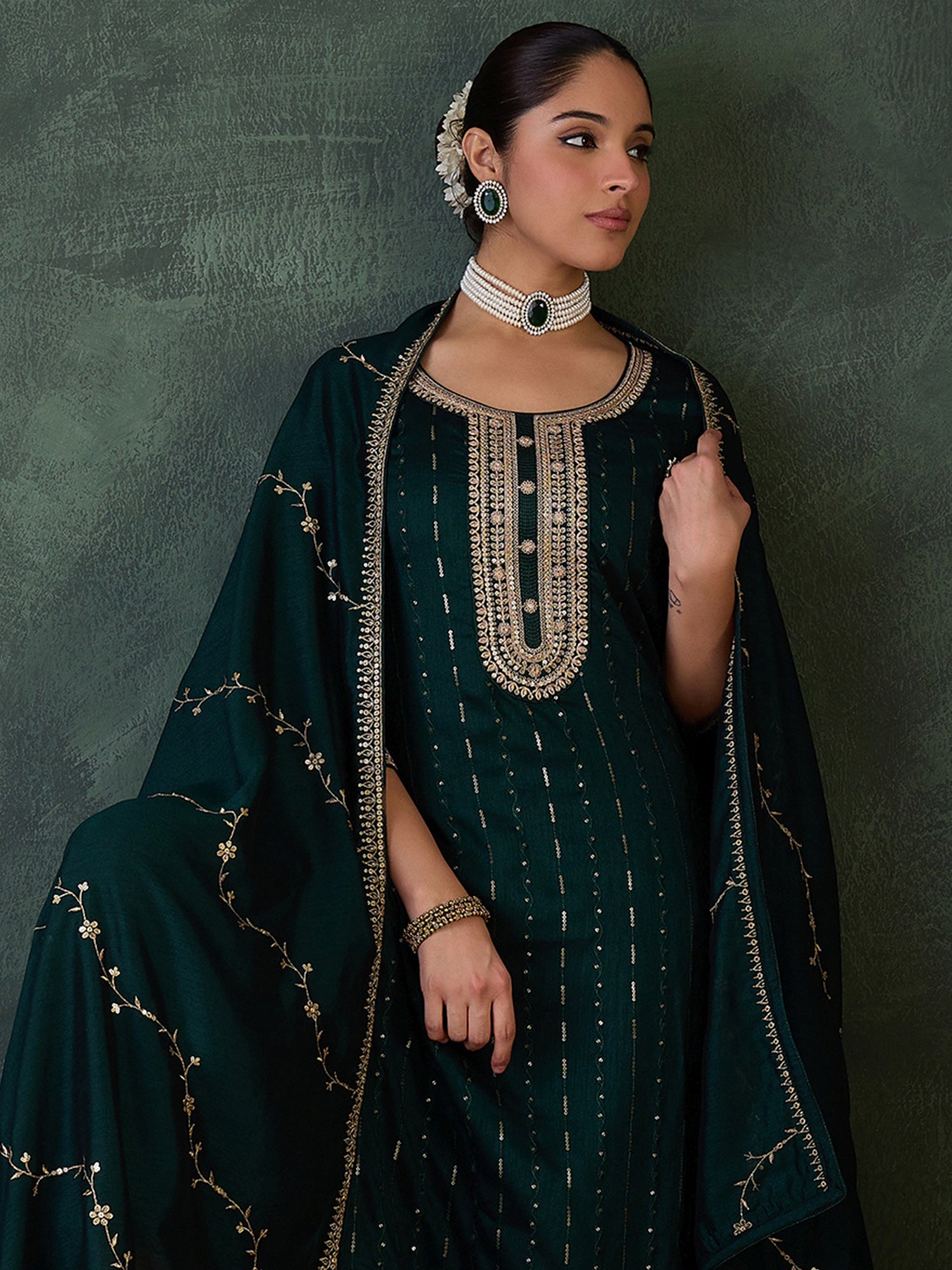 Green Embroidered Straight Kurta Trousers With Dupatta