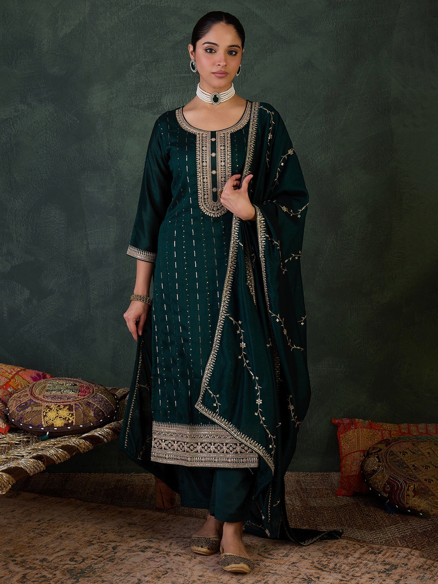 Green Embroidered Straight Kurta Trousers With Dupatta