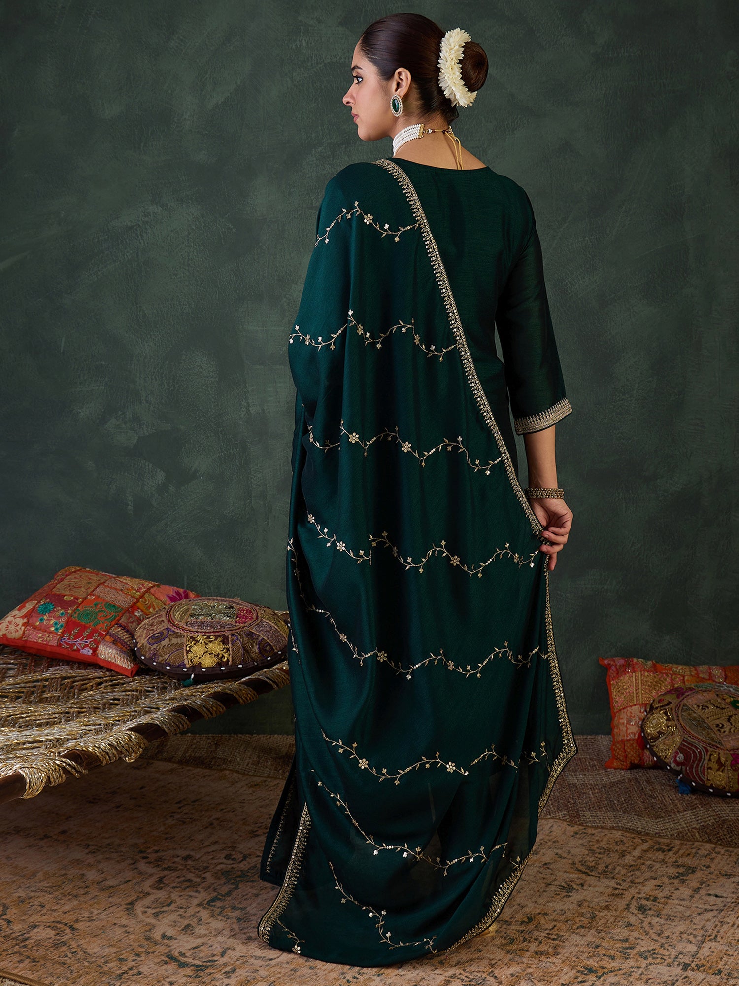 Green Embroidered Straight Kurta Trousers With Dupatta