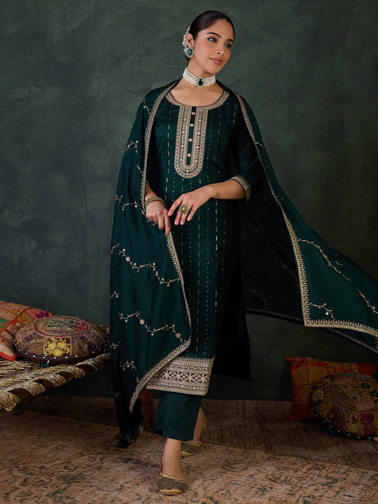 Green Embroidered Straight Kurta Trousers With Dupatta