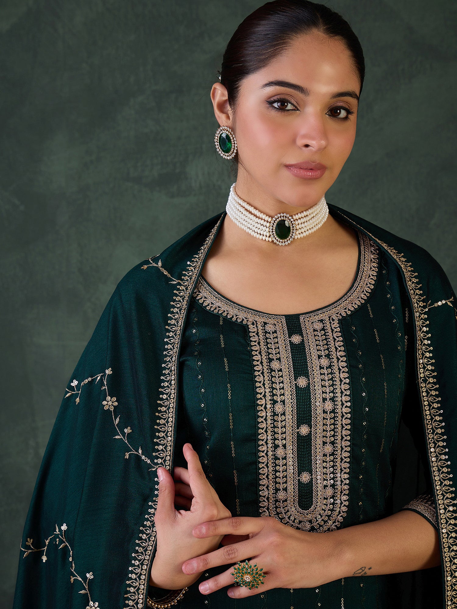 Green Embroidered Straight Kurta Trousers With Dupatta