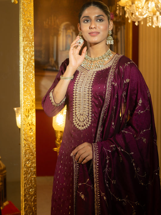 Burgundy Embroidered Straight Kurta Trousers With Dupatta