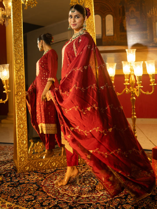 Maroon Embroidered Straight Silk Blend Suit With Dupatta