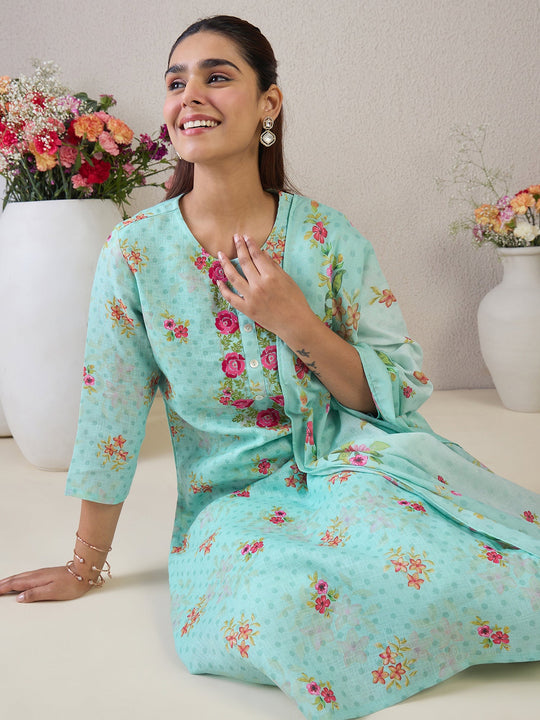 Sea Green Embroidered Straight Kurta Set With Dupatta