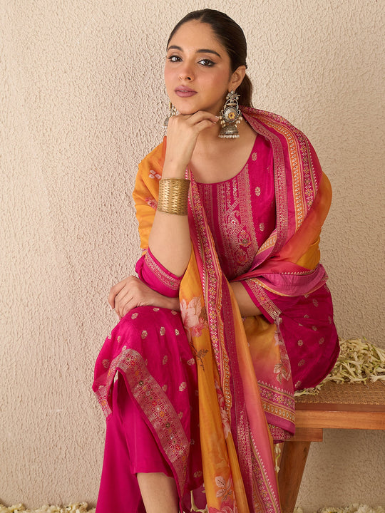 Women Pink Woven Design Silk Blend Straight Kurta Sets With Dupatta