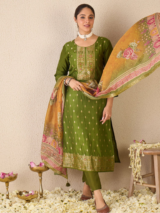 Women Green Woven Design Silk Blend Straight Kurta Sets With Dupatta
