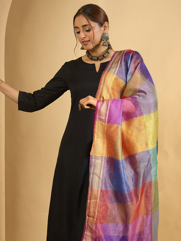Black Solid Cotton Blend A-Line Kurta Set With Dupatta