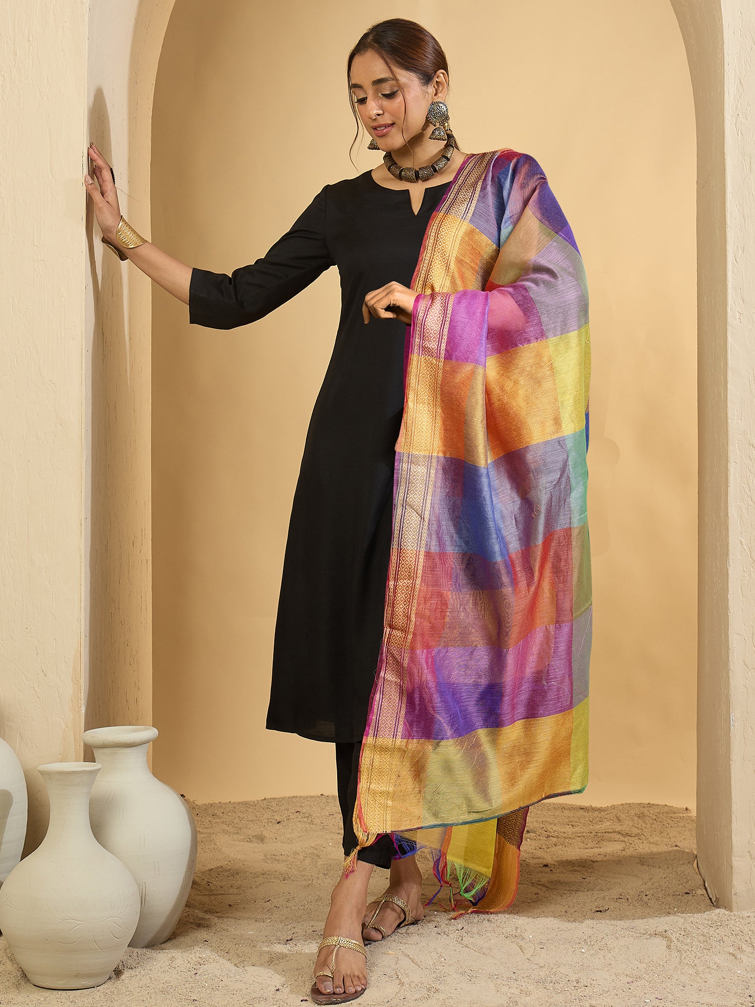 Black Solid Cotton Blend A-Line Kurta Set With Dupatta