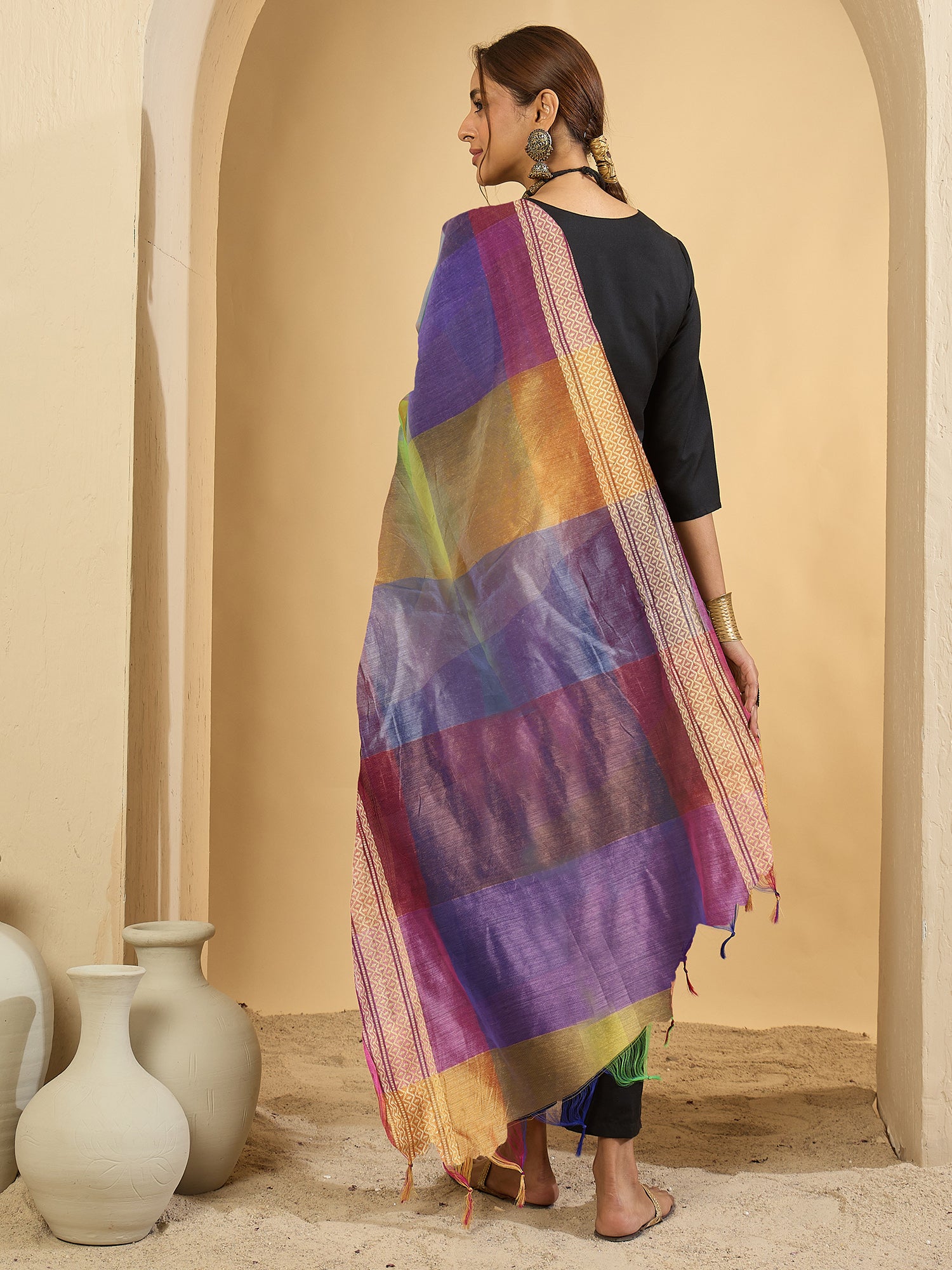 Black Solid Cotton Blend A-Line Kurta Set With Dupatta