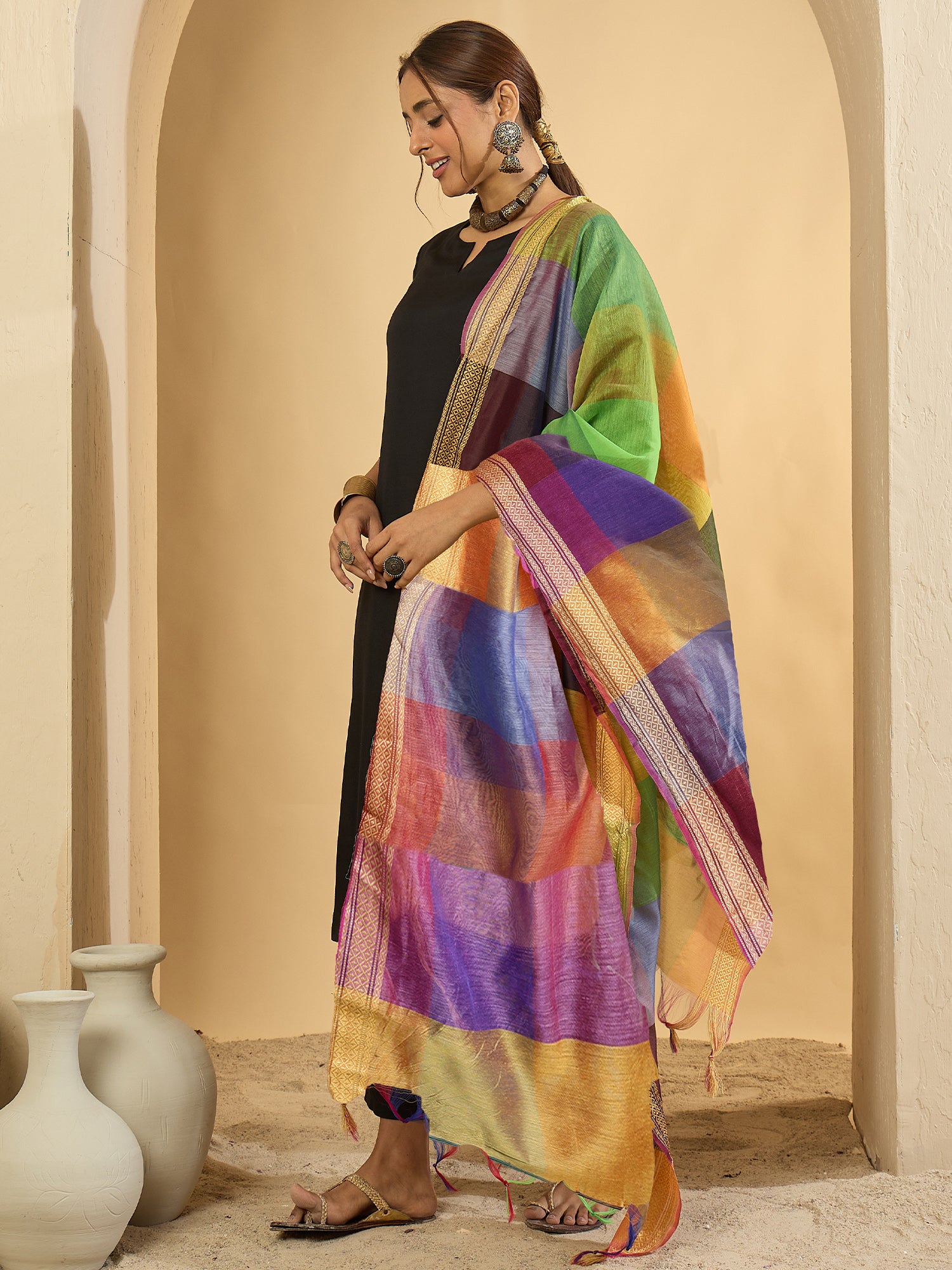 Black Solid Cotton Blend A-Line Kurta Set With Dupatta