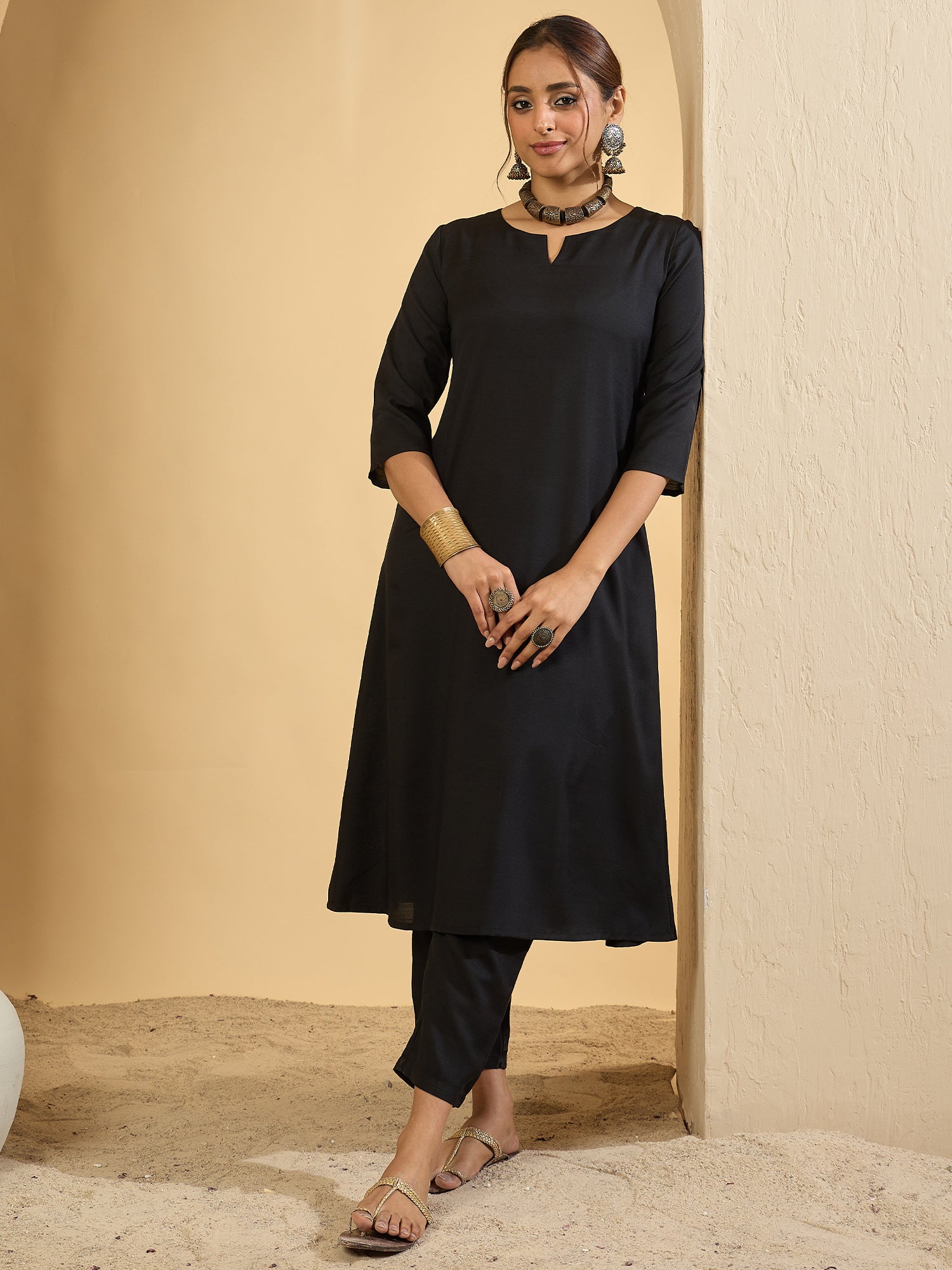Black Solid Cotton Blend A-Line Kurta Set With Dupatta