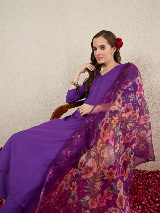 Purple Solid Straight Kurta Pant With Dupatta Set