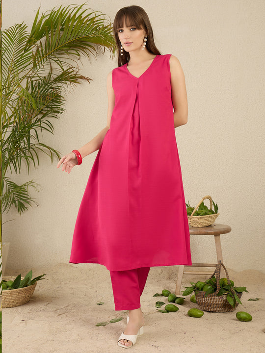 Pink Solid A Line Kurta Trouser Set