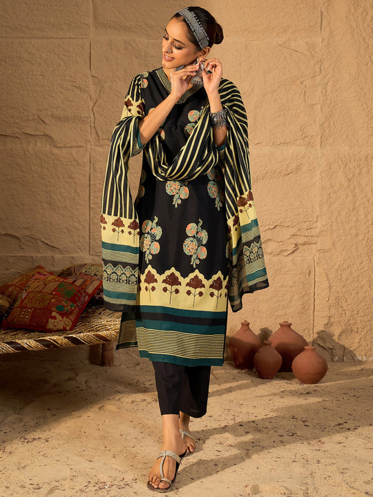 Black Printed Pure Cotton Straight Kurta Sets With Dupatta
