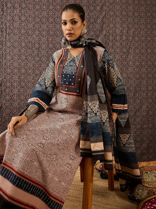 Indo Era Beige Printed Straight Kurta Trousers With Dupatta Set