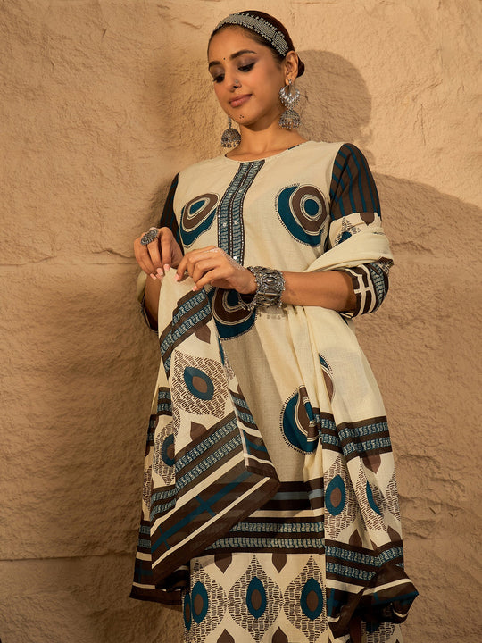 Beige Printed Pure Cotton Straight Kurta Sets With Dupatta