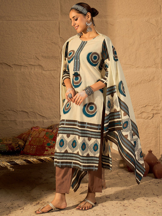 Beige Printed Pure Cotton Straight Kurta Sets With Dupatta