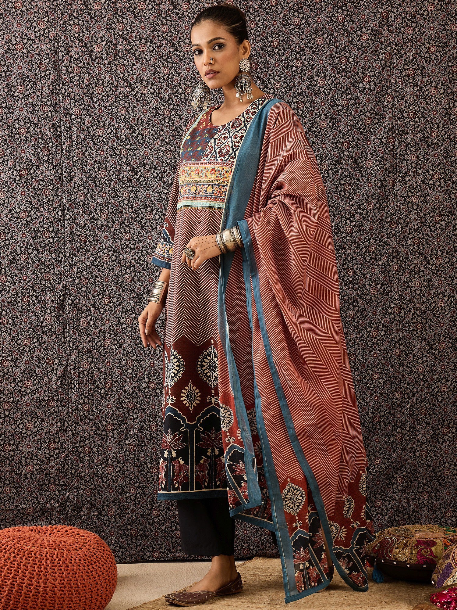 indo era, suit, kurta set for women, indo era kurta, kurta sets for ladies, summer dresses for women, 3 piece suit, cotton kurta set for women, new arrivals, women kurti plazo set, women in suit, kurta suit, floral kurta, short suit, spring summer, Rust suit