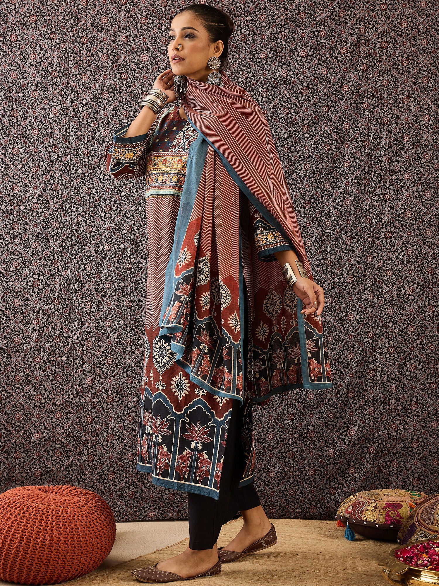 indo era, suit, kurta set for women, indo era kurta, kurta sets for ladies, summer dresses for women, 3 piece suit, cotton kurta set for women, new arrivals, women kurti plazo set, women in suit, kurta suit, floral kurta, short suit, spring summer, Rust suit