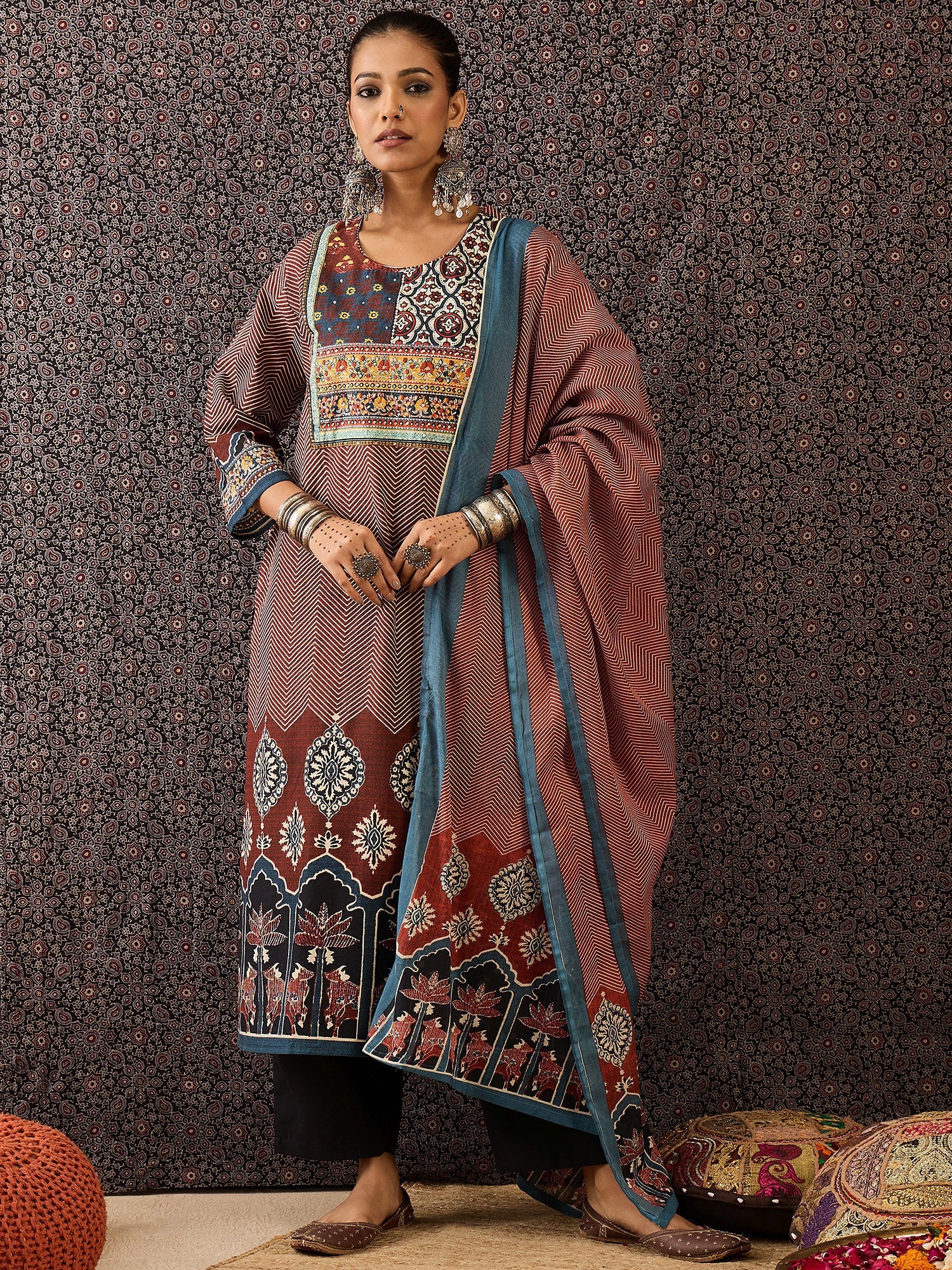 indo era, suit, kurta set for women, indo era kurta, kurta sets for ladies, summer dresses for women, 3 piece suit, cotton kurta set for women, new arrivals, women kurti plazo set, women in suit, kurta suit, floral kurta, short suit, spring summer, Rust suit