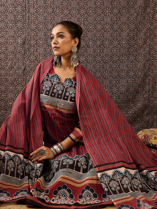 Indo Era Rust Printed Straight Kurta Trousers With Dupatta Set