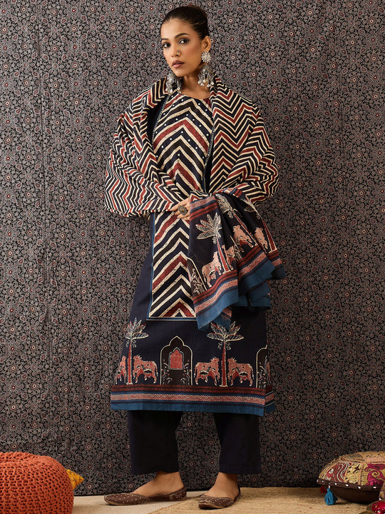 Indo Era Blue Printed Straight Kurta Trousers With Dupatta Set
