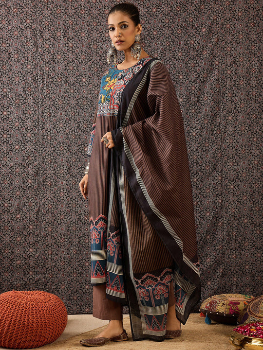 Indo Era Brown Printed Straight Kurta Trousers With Dupatta Set