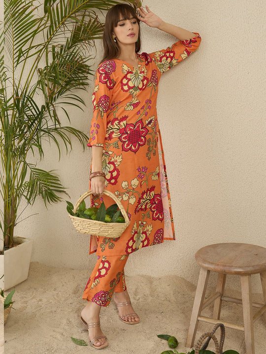 Orange Printed Straight Kurta Trouser Set