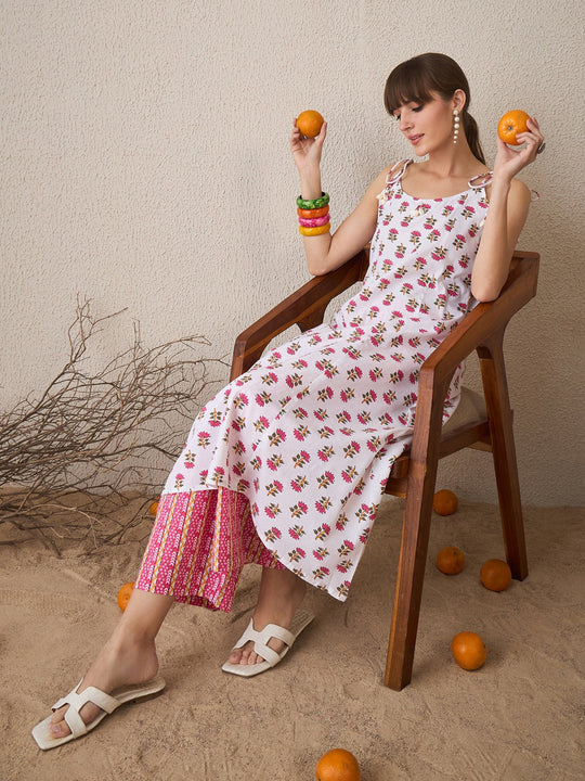 Indo Era White Printed A-Line Kurta Set