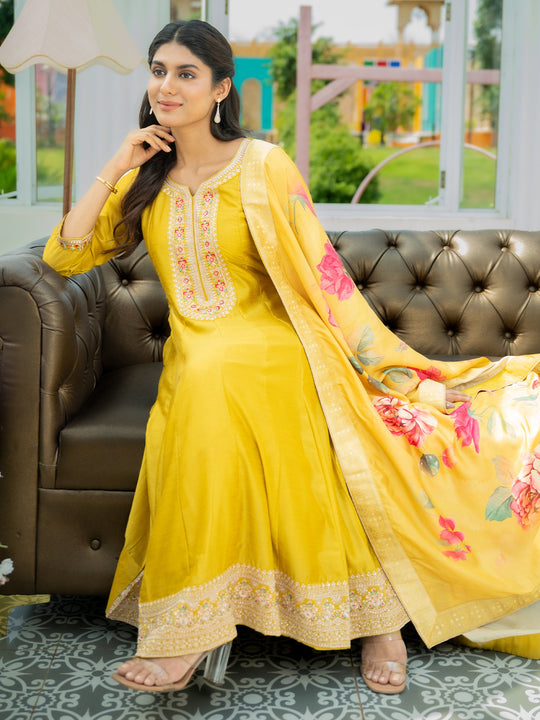 Yellow Embroidered Silk Blend Anarkali Suit With Dupatta