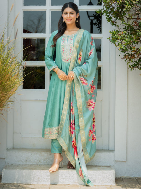 Sea Green Embroidered Silk Blend Anarkali Suit With Dupatta