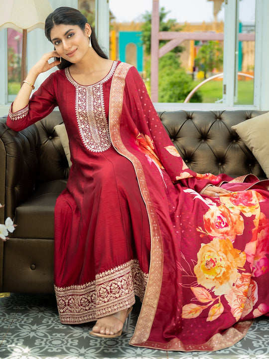 Maroon Embroidered Silk Blend Anarkali Suit With Dupatta