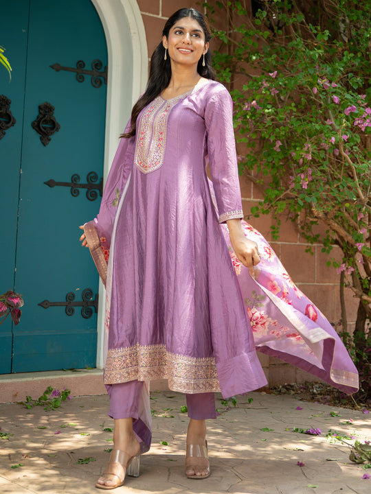 Lavender Embroidered Silk Blend Anarkali Suit With Dupatta