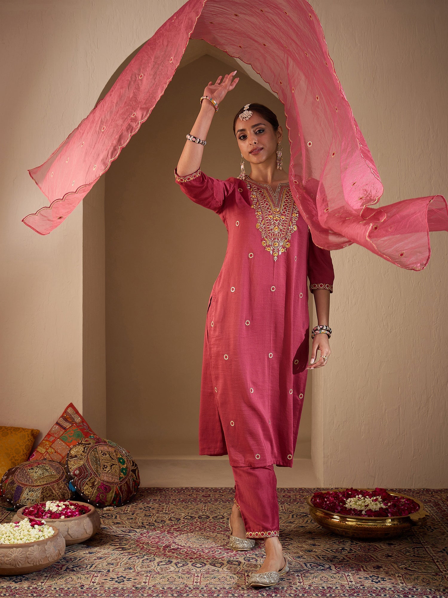indo era, suit, kurta set for women, indo era kurta, kurta sets for ladies, summer dresses for women, 3 piece suit, cotton kurta set for women, new arrivals, women kurti plazo set, women in suit, kurta suit, floral kurta, short suit, spring summer, Pink suit