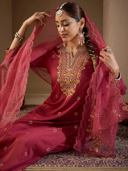 Indo Era Pink Embroidered Straight Kurta Trousers With Dupatta Set