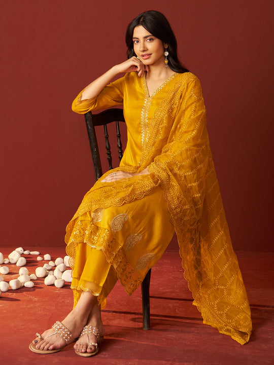 Mustard Embroidered Silk Blend Straight Women Kurta Trouser With Dupatta