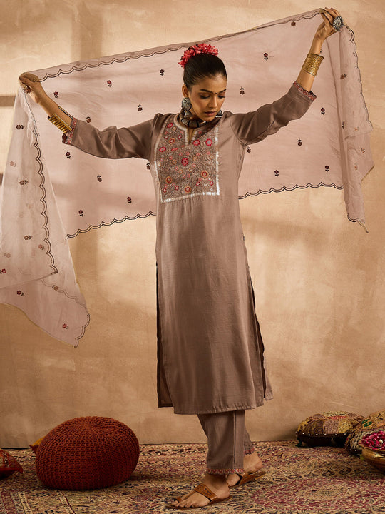 Indo Era Brown Embroidered Straight Kurta Trousers With Dupatta Set