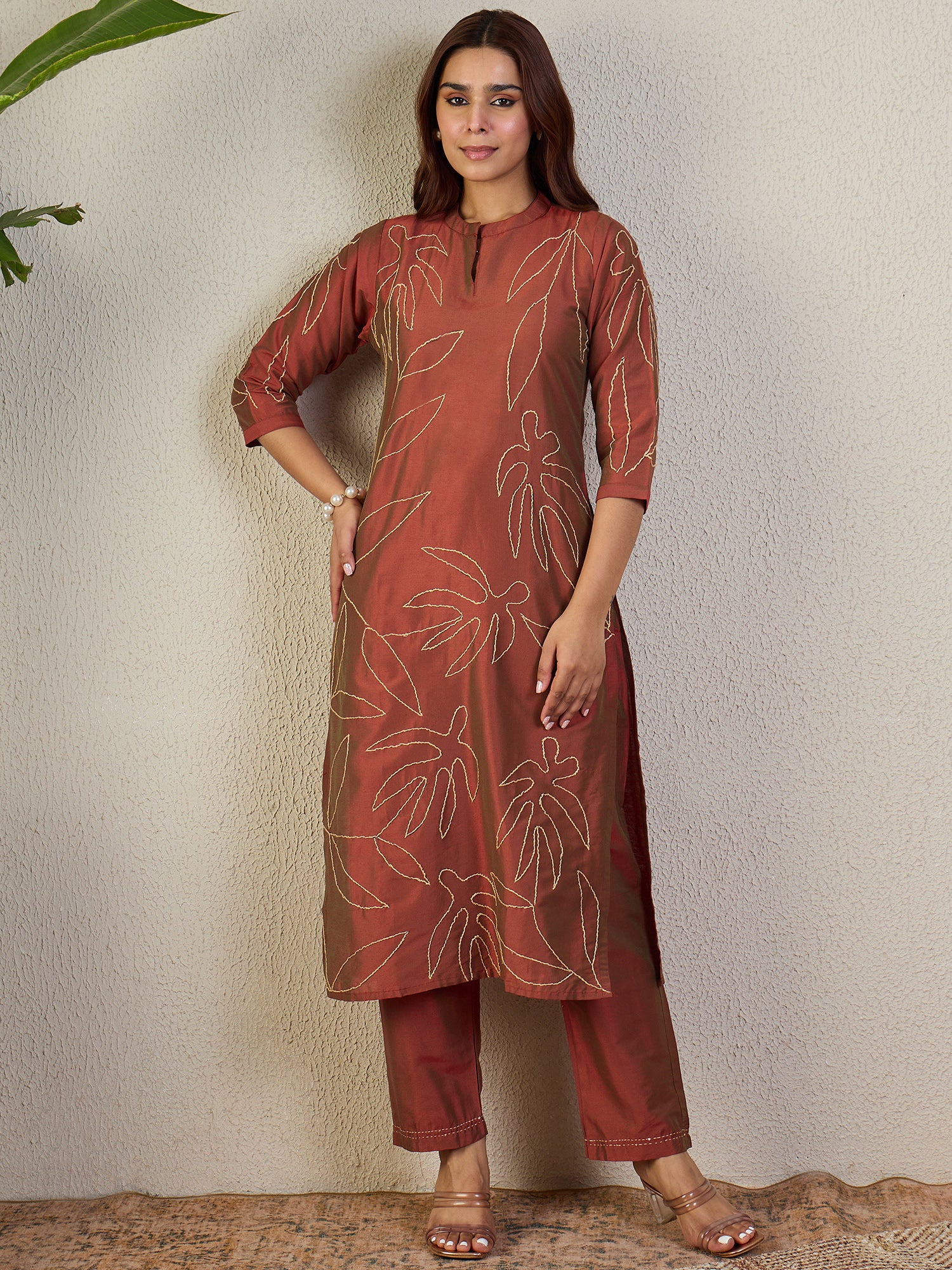 Indo Era Rust Embroidered Straight Kurta Trousers Set