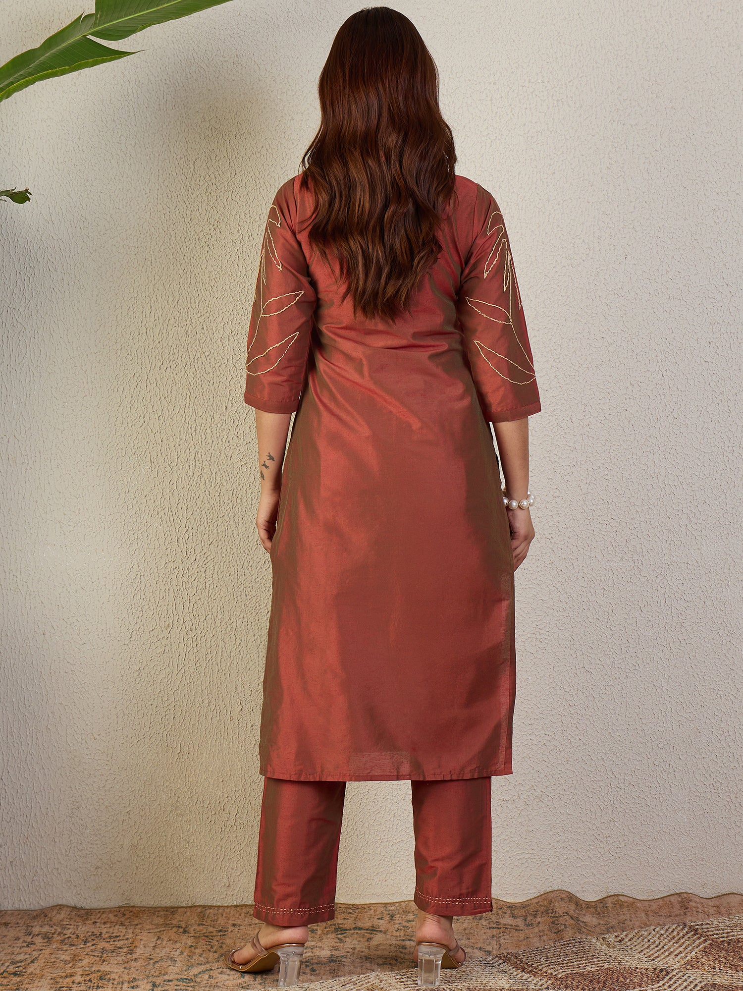 Indo Era Rust Embroidered Straight Kurta Trousers Set