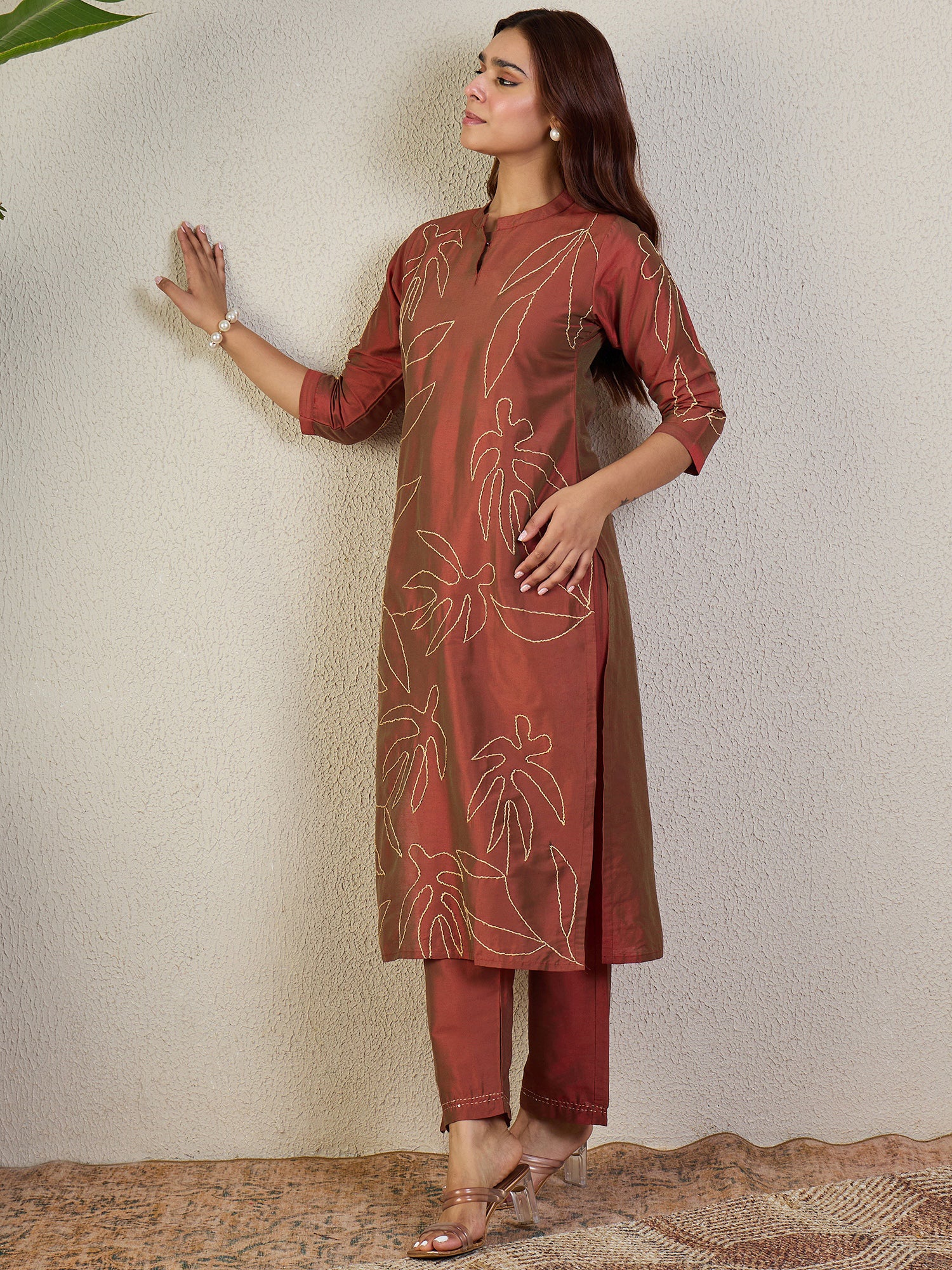 Indo Era Rust Embroidered Straight Kurta Trousers Set