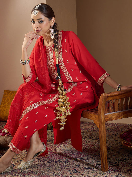 Indo Era Red Embroidered Straight Kurta Trousers With Dupatta Set