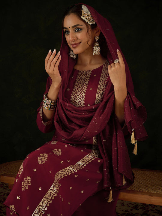 Indo Era Maroon Embroidered Straight Kurta Trousers With Dupatta Set