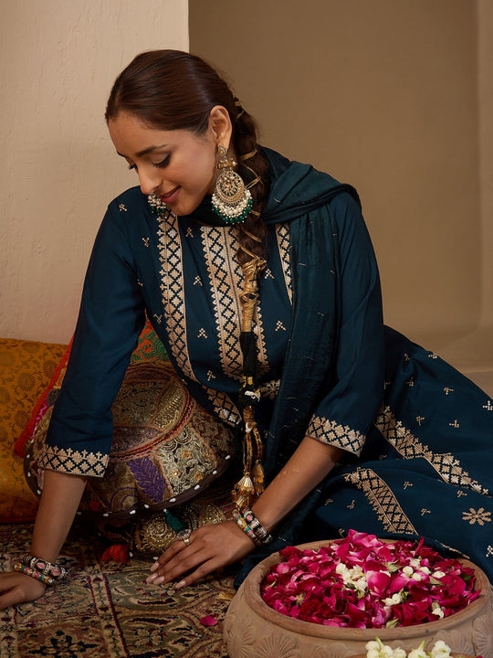 Indo Era Teal Embroidered Straight Kurta Trousers With Dupatta Set