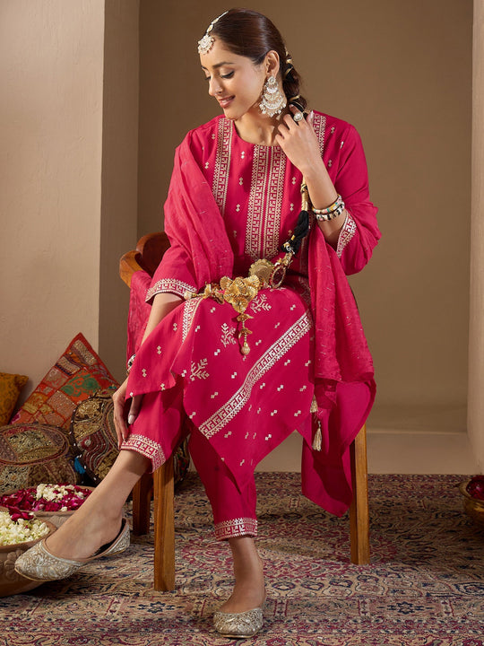 Indo Era Pink Embroidered Straight Kurta Trousers With Dupatta Set