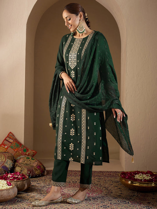 Indo Era Green Embroidered Straight Kurta Trousers With Dupatta Set